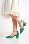 Aria;Yeşil Saten, Bilekten Zincirli, Klasik Topuklu Ayakkabı 